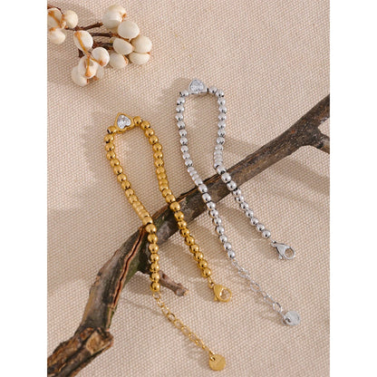 Yhpup Stainless Steel Beads Chain Heart Zircon Handmade Bracelet Bangle Gold Color Waterproof Charm Jewelry for Women Gala Gift
