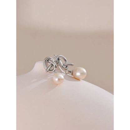 Yhpup Luxury Natural Freshwater Pearl Knot Drop Earrings Trendy Stainless Steel Exquisite High Quality Versatile Jewelry Gift