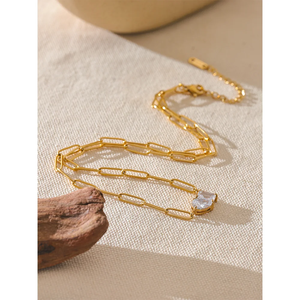 Yhpup Premium AAA Cubic Zirconia Pendant Necklace Gold Color Chain Stainless Steel Geometric High Quality Jewelry for Women