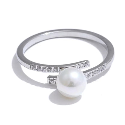 Yhpup Korean Style Imitation Pearls Chic Zirconia Thin Ring for Women Stainless Steel High Quality Fashion Finger Jewelry Gift