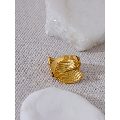 Yhpup New Stainless Steel Metal Geometric Golden Wide Ring Statement Texture 18K PVD Plated Attractive Jewelry Bijoux