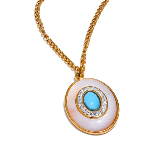 Yhpup Fashion Natural Shell Stone Cubic Zircon Chic Pendant Necklace Vintage Stainless Steel Waterproof Luxury Jewelry Gift