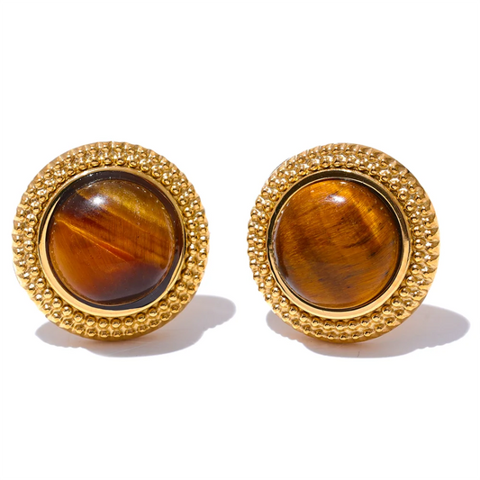 Yhpup Exquisite Natural Stone Stainless Steel Round Small Stud Earrings Waterproof Trendy High Quality Daily Jewelry Bijoux