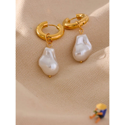 Yhpup Circle Drop Baroque Imitation Pearls Stainless Steel Trendy Gold Color Hoop Earrings Charm Vintage Trendy Jewelry Women
