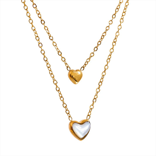 Yhpup Super Chic Stainless Steel Heart Natural Shell Pendant Double Layered Necklace Exquisite Chain Korean Jewelry Women Gift