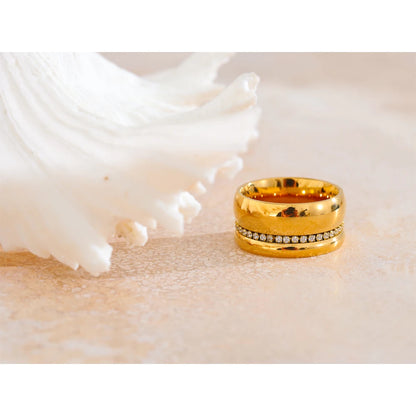 Yhpup Stylish Stainless Steel Round Cubic Zirconia Wide Ring 18K PVD Gold Color Plated Temperament Jewelry