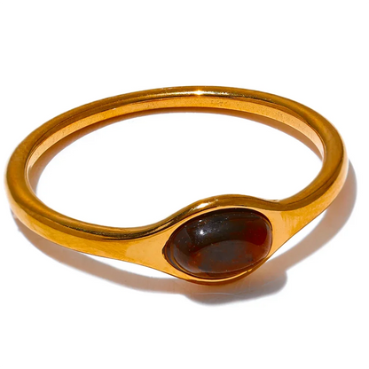 Yhpup Fashion Natural Stone Stainless Steel Oval Thin Chic Ring Women 18K PVD Plated Waterproof Jewelry Accessories Gift