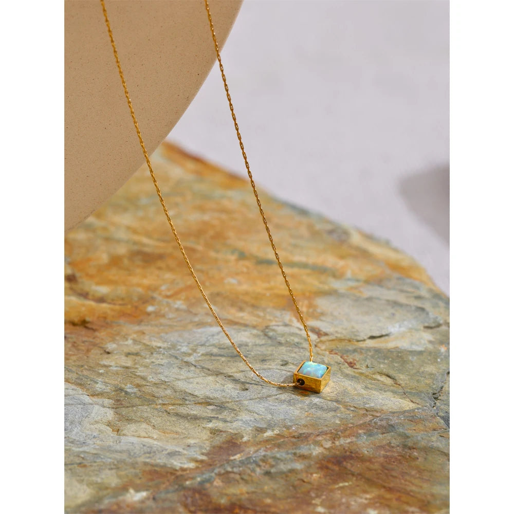 Yhpup Delicate Stainless Steel Square Natural Opal Stone Pendant Necklace Chain Stylish Dainty Golden Collar Chic Jewelry Gift