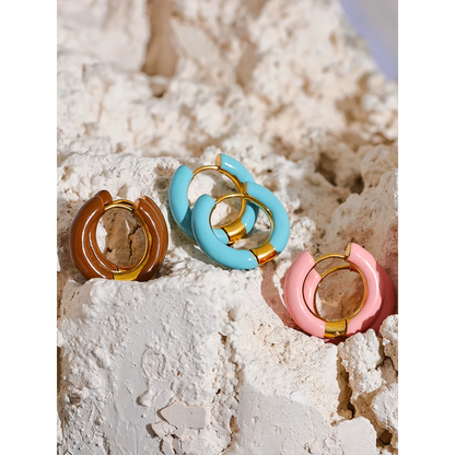 Yhpup 20mm Candy Color Blue Pink Brown Enamel Stainless Steel Hollow Hoop Earrings Golden Simple Trendy Y2K Sweet Jewelry Gift