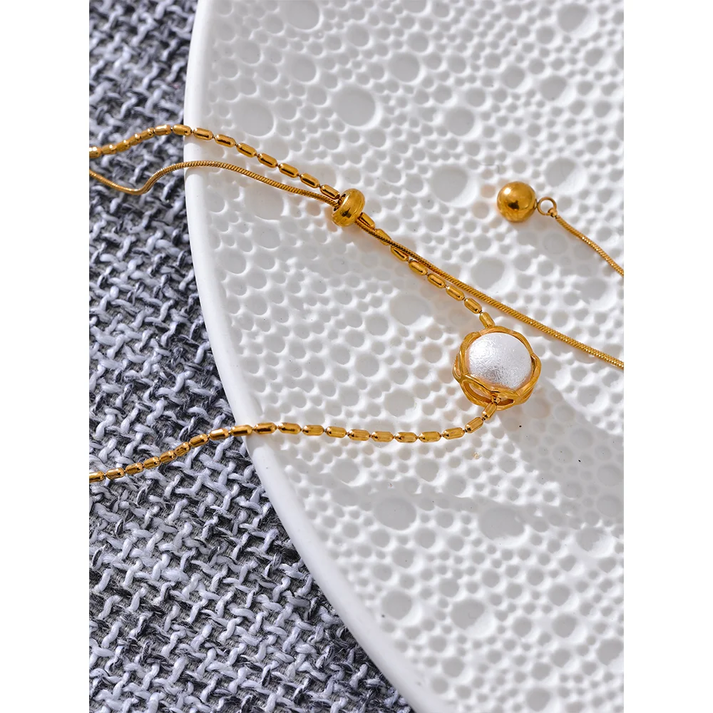 Yhpup Stainless Steel Imitation Pearl Korean Style Chain Necklace Water Resistant Personalized Fashion Neck Pendant Jewelry