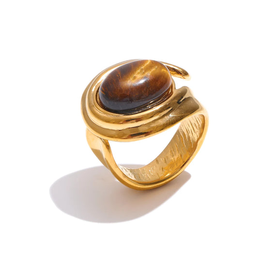 Yhpup Popular Stainless Steel Natural Tiger Stone Finger Ring Gold Silver Color Waterproof Geometric Charm Jewelry