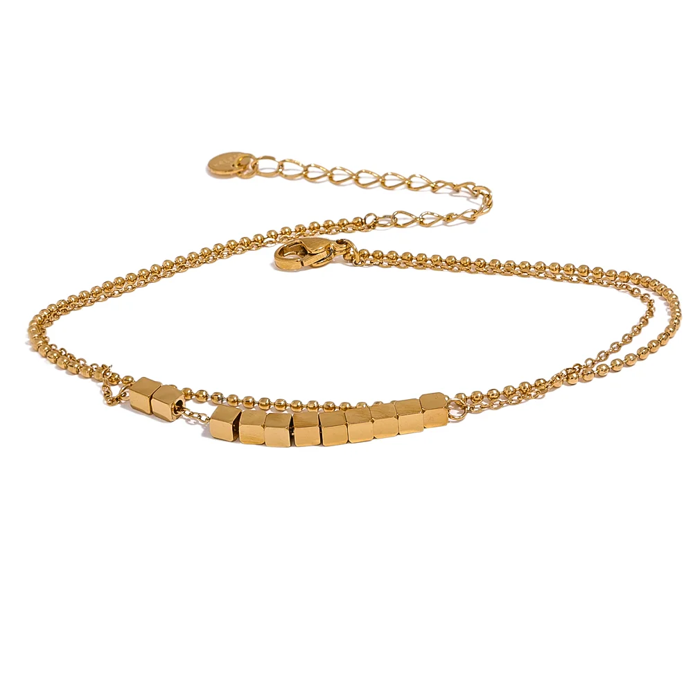 Yhpup Waterproof Stainless Steel Square Bead Chain Layered Anklet for Women Gold Color Statement Summer Sandy Beach Jewelry