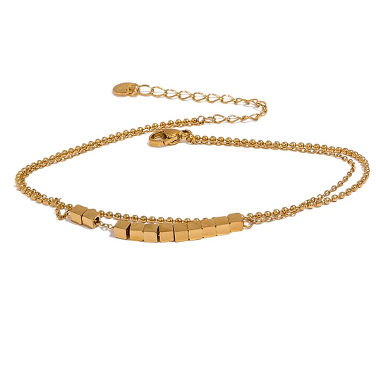 Yhpup Waterproof Stainless Steel Square Bead Chain Layered Anklet for Women Gold Color Statement Summer Sandy Beach Jewelry