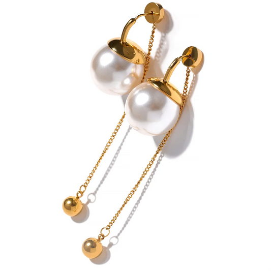 Yhpup Korean Imitation Pearls Chain Long Drop Stainless Steel Earrings Temperament Geometric Fashion Chic Party Jewelry Women