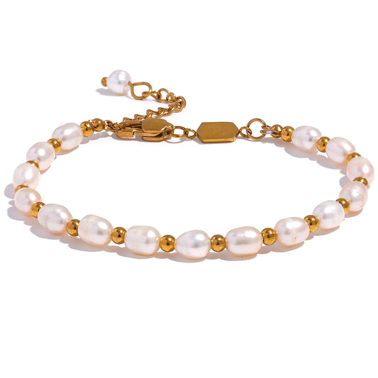 Yhpup Natural Freshwater Pearls Fashion Handmade Bracelet Bangle Women Waterproof PVD Charms Stainless Steel Beads Jewelry Gift