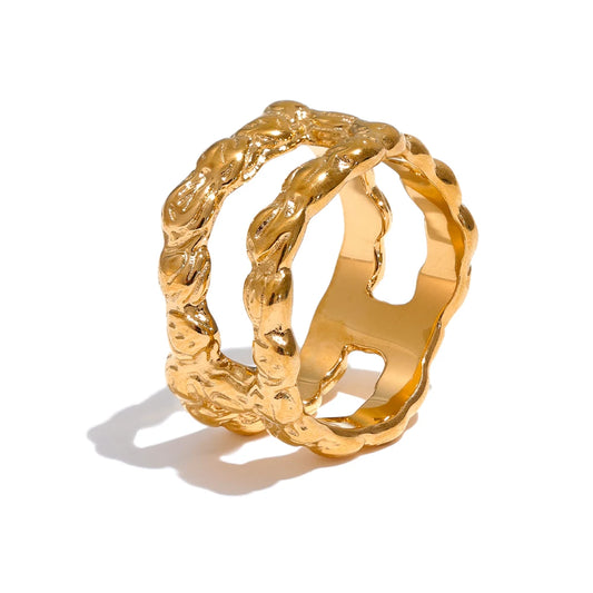 Yhpup Distinctive Stainless Steel Double Round Hollow Unusual Ring Water Resistant Metal Vintage Fashion Jewelry
