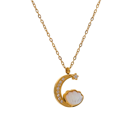 Yhpup Zirconia Natural Shell Moon Drop Delicate Necklace 18K PVD Plated Chain Stainless Steel Premium Jewelry Gift