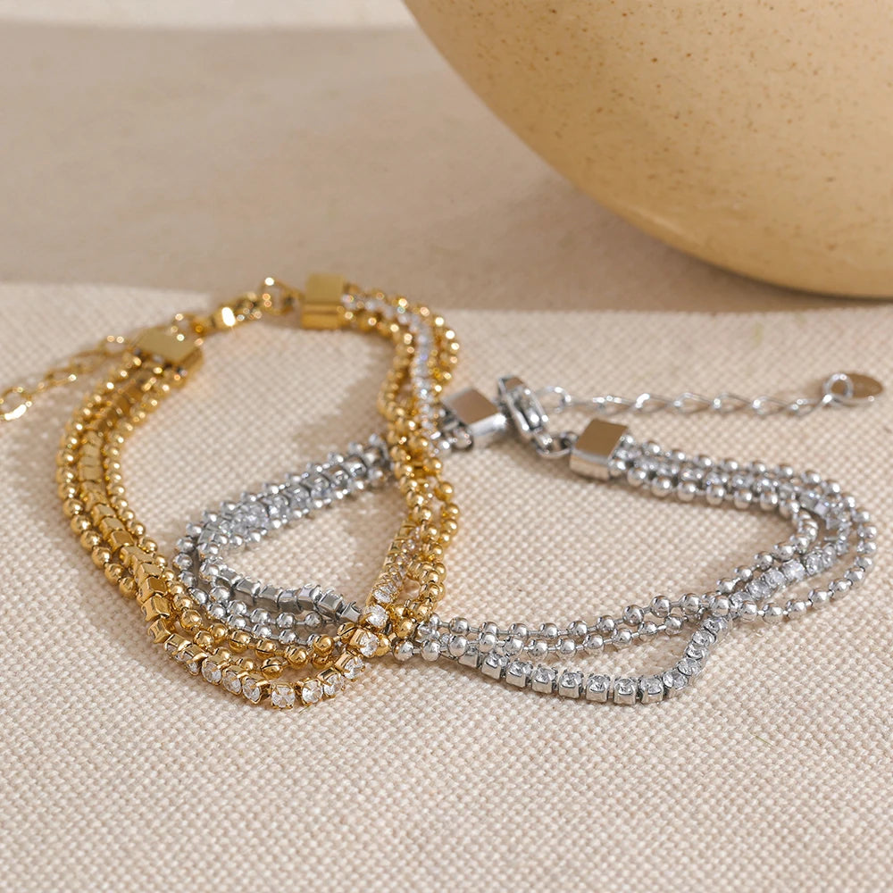Yhpup Trendy Stainless Steel Cubic Zirconia Chain Layered Bracelet Bangle for Women High Quality Fashion Jewelry Bijoux Gift