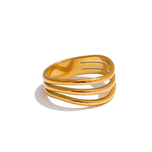 Yhpup 678# Distinctive Stainless Steel Metal Geometric Layered Hollow Golden Ring Charm Trendy Daily Jewelry Accessories